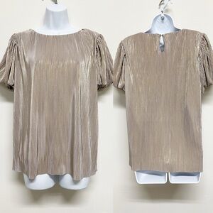 See and Be Seen Womens Metallic Balloon Sleeve Pleated Short Sleeve Top Size M